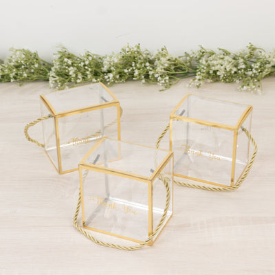 25 Pack Plastic Clear Square Gift Boxes with Gold Trim - Transparent Favor Boxes, Rope Handle, Pre-Printed Thank You Message - 4"x4"