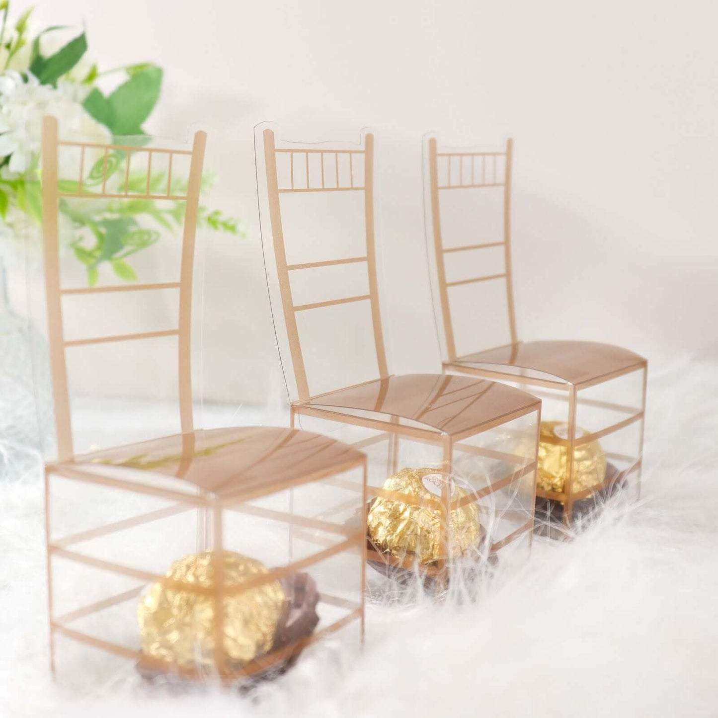 25 Pack Clear and Gold PVC Chiavari Chair-Shaped Party Favor Candy Gift Boxes - 2"x5"