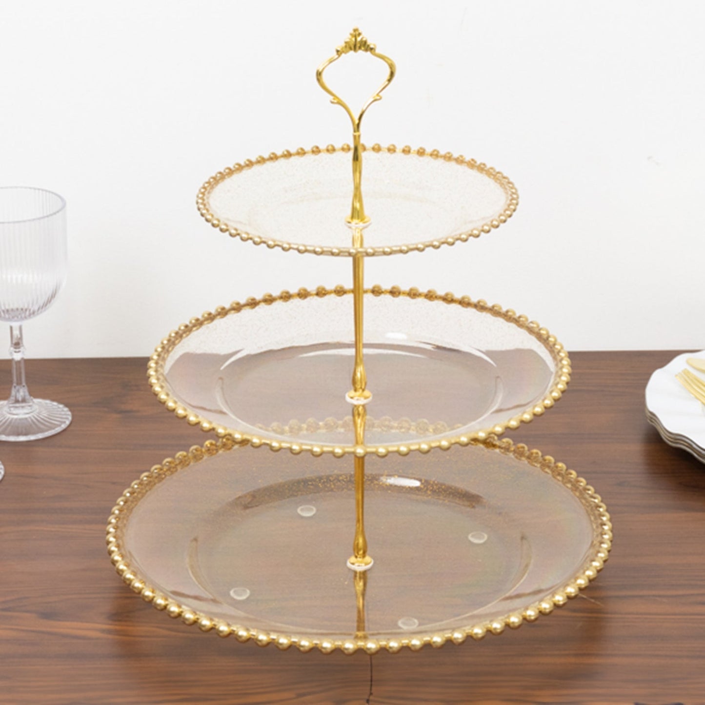 14" Clear Gold Glittered 3-Tier Plastic Dessert Display Stand With Gold Beaded Rim, Round Cupcake Tower Tea Party Serving Platter With Top Handle