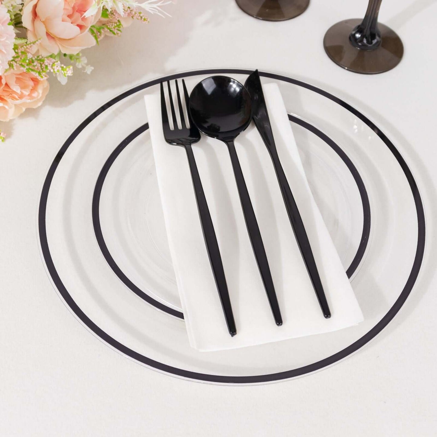 10-Pack Plastic 7" Round Appetizer Plates in Clear with Black Rim - Sleek Disposable Salad Plates for Banquets & Special Occasions