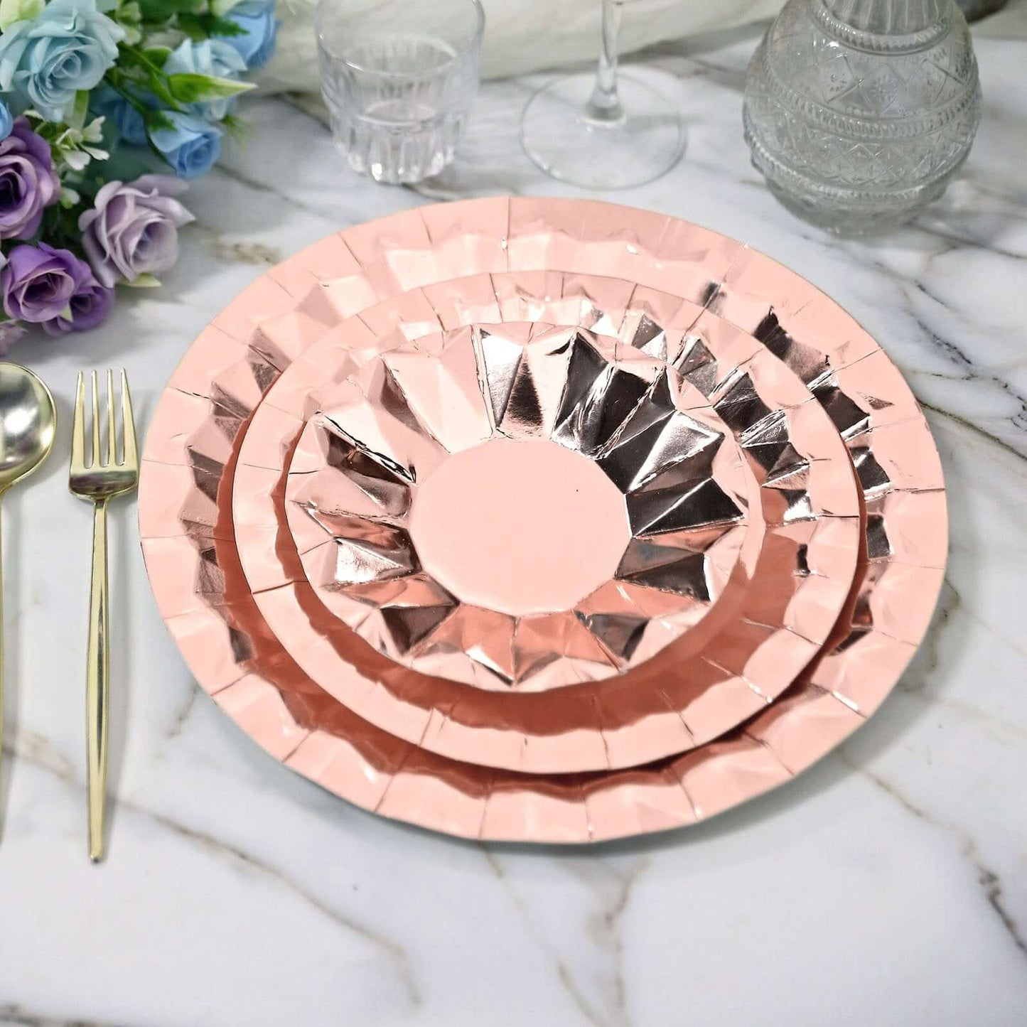 25-Pack Paper 12" Round Charger Plates in Metallic Rose Gold with Geometric Prism Design - Disposable 400GSM Serving Trays
