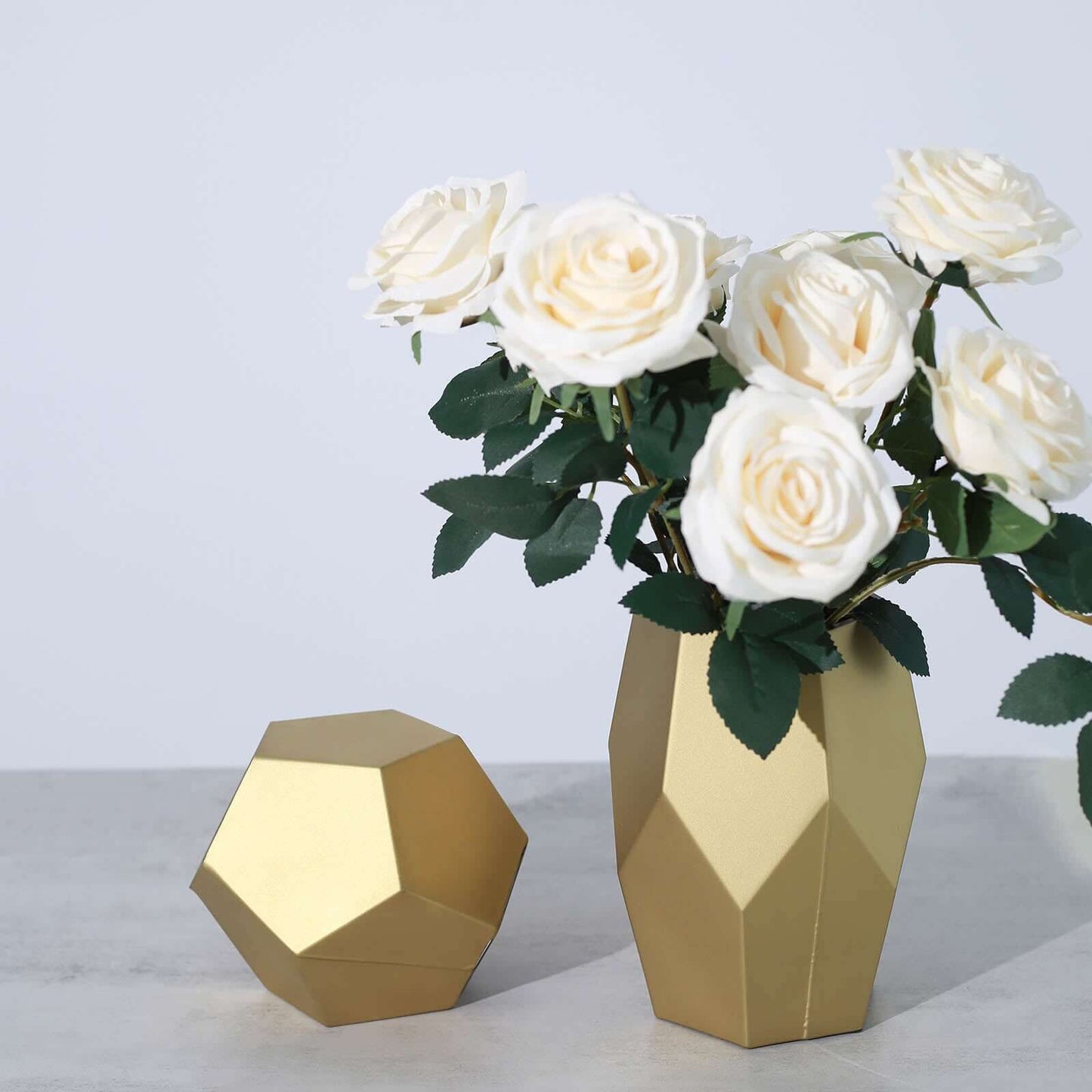 Set of 2 Glass Flower Vases Geometric Design Matte Gold - Stylish Modern Candle Holder Centerpieces 5", 8"