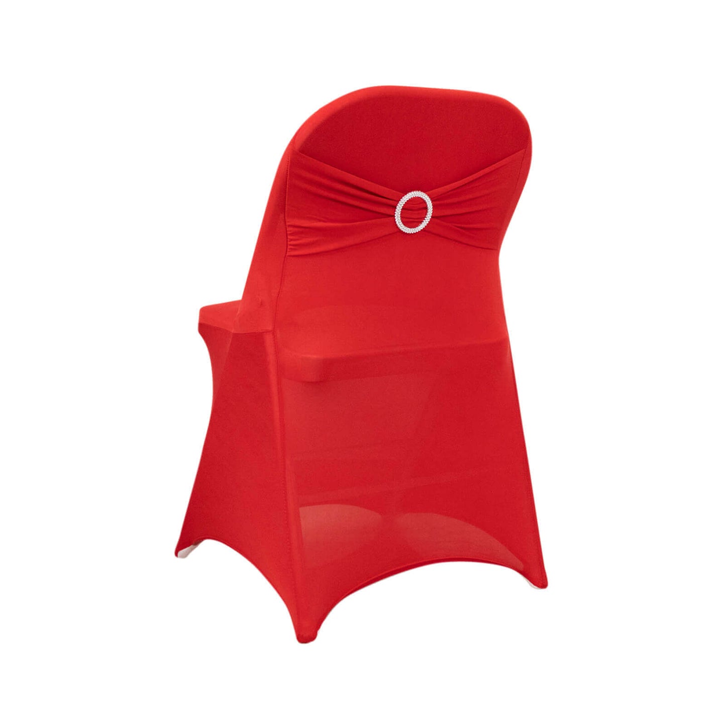 Stretch Spandex Chair Cover Red for Folding Chairs - Secure Fit Slipcover with Silver Rhinestone Buckled Sash Band