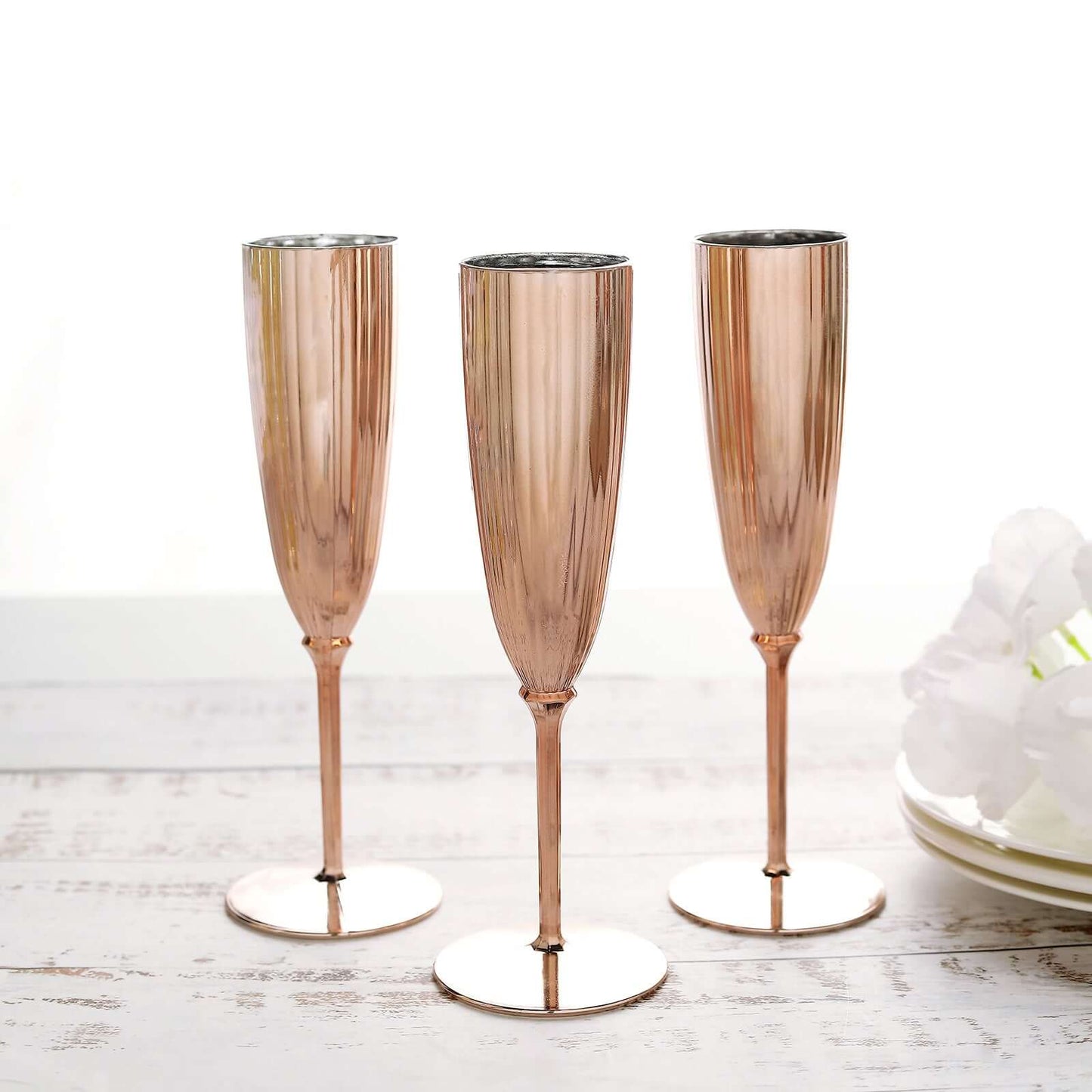 6-Pack Plastic Champagne Flutes in Metallic Rose Gold - Classy Disposable Champagne Glasses for Toasting & Cocktail Parties 5oz