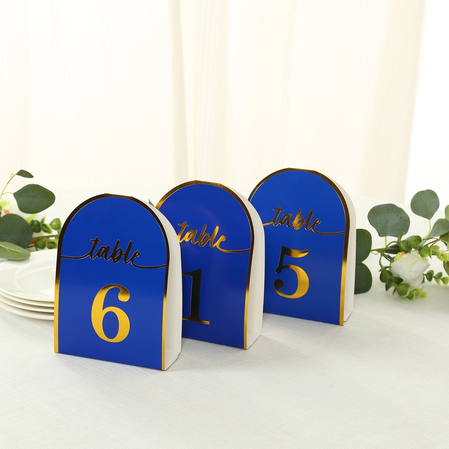 25-Pack 7" Disposable Table Numbers, Royal Blue Free Standing Double Sided Table Number Place Cards with Metallic Gold Foil Numbers 1-25