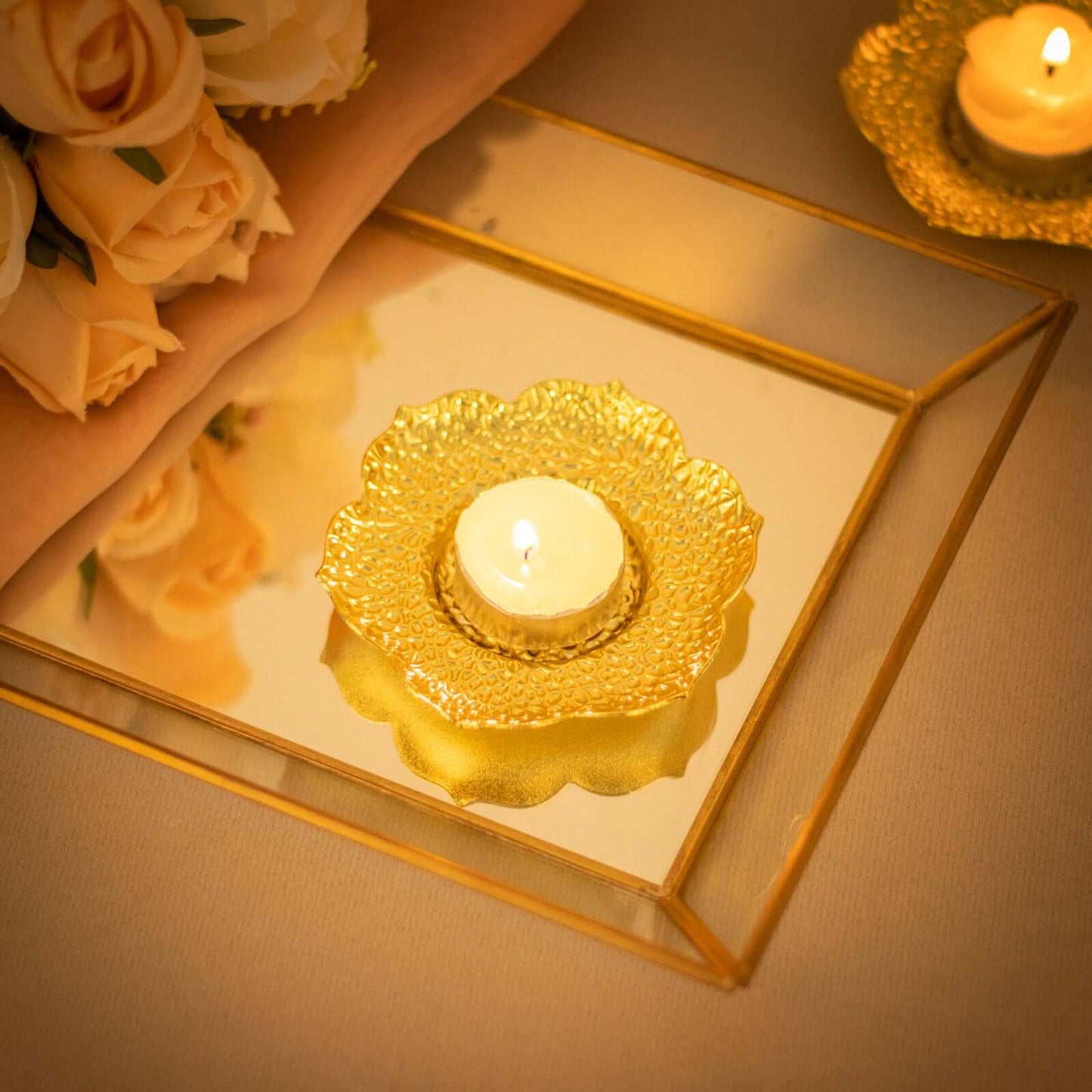 3-Pack Metal Votive Candle Holders Plum Blossom Design Shiny Gold - Vintage Mini Tea Cup Saucers 4"