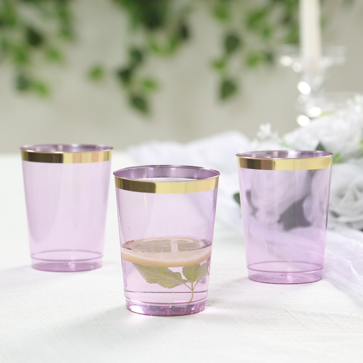 25-Pack Plastic Tumbler Cups Transparent Purple with Gold Rim - Stylish Disposable Party Glasses 10oz
