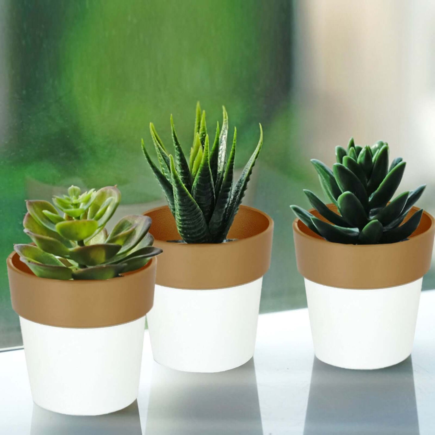 3-Pack Flower Plant Pots Small Design White with Gold Rim - Plastic Indoor Decorative Planters 3"