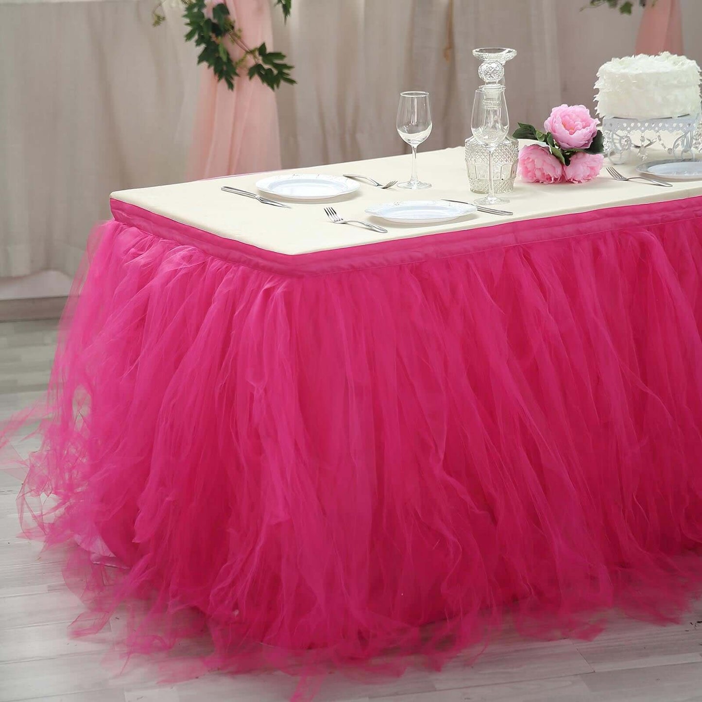 Tulle 14ft Table Skirt Fuchsia - 4 Layer Pleated Tutu Table Cover - Linen Luxes