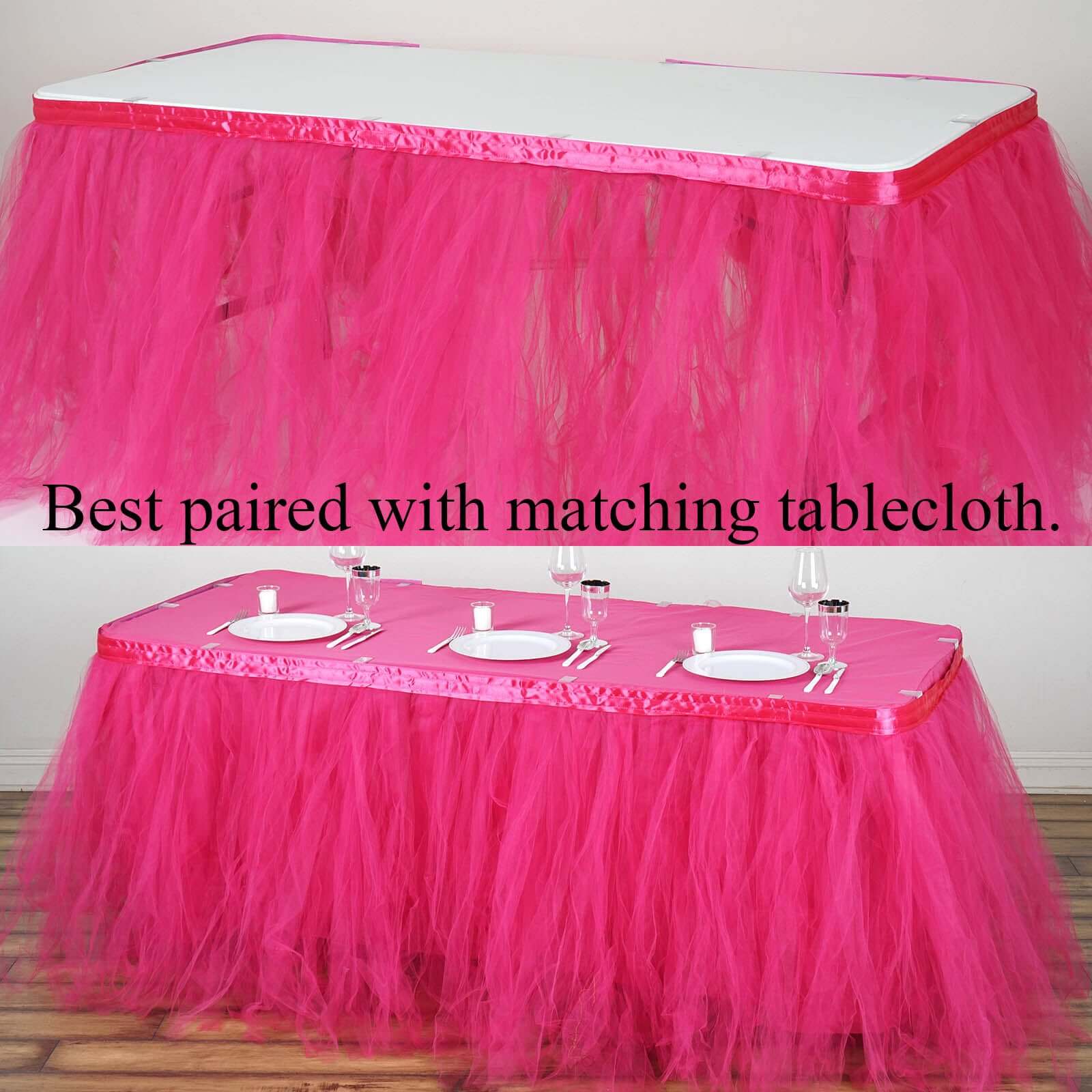 Tulle 14ft Table Skirt Fuchsia - 4 Layer Pleated Tutu Table Cover - Linen Luxes