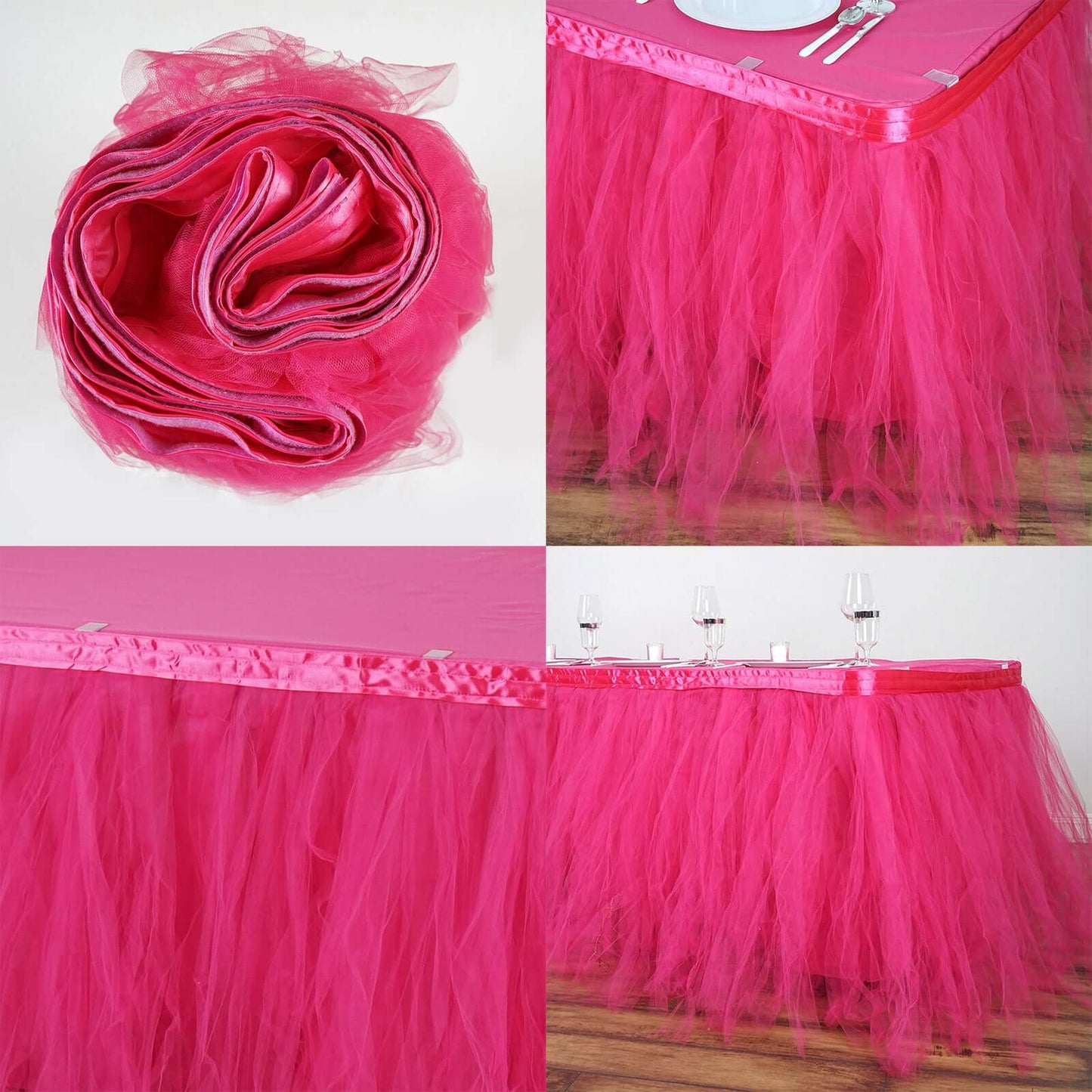 Tulle 14ft Table Skirt Fuchsia - 4 Layer Pleated Tutu Table Cover - Linen Luxes