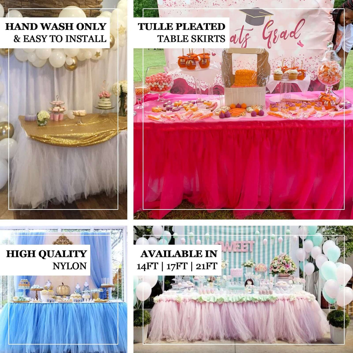 Tulle 14ft Table Skirt Fuchsia - 4 Layer Pleated Tutu Table Cover - Linen Luxes