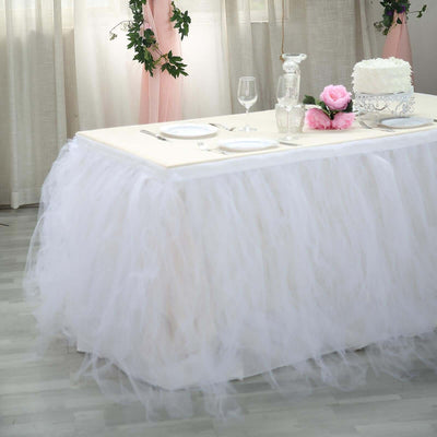 Tulle 14ft Table Skirt White - 4 Layer Pleated Tutu Chic & Soft Event Table Cover - Linen Luxes