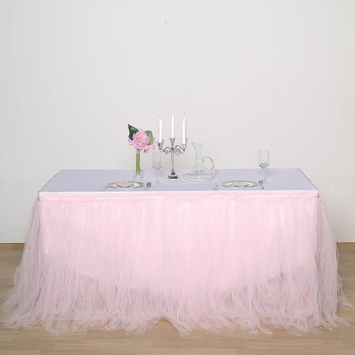 Tulle 17ft Table Skirt Blush - 4 Layer Pleated Tutu Table Cover - Linen Luxes