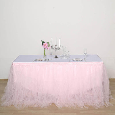 Tulle 17ft Table Skirt Blush - 4 Layer Pleated Tutu Table Cover - Linen Luxes