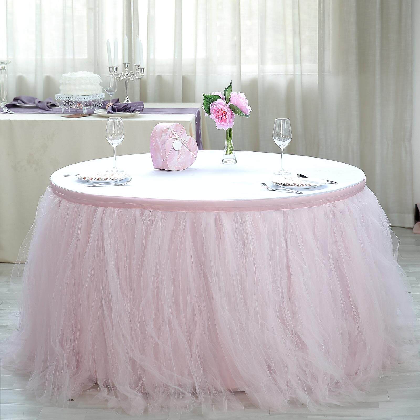 Tulle 17ft Table Skirt Blush - 4 Layer Pleated Tutu Table Cover - Linen Luxes