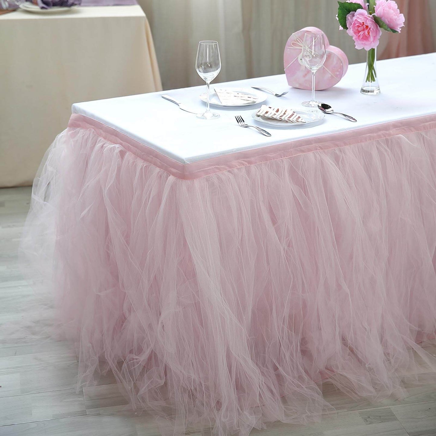 Tulle 17ft Table Skirt Blush - 4 Layer Pleated Tutu Table Cover - Linen Luxes