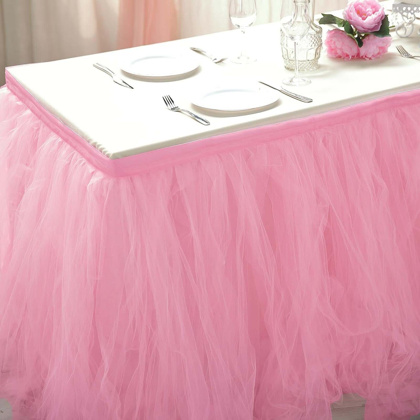 Tulle 17ft Table Skirt Pink/Rose Quartz - 4 Layer Pleated Tutu Table Cover - Linen Luxes