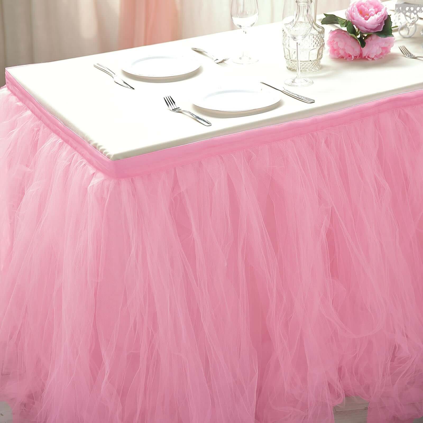 Tulle 17ft Table Skirt Pink/Rose Quartz - 4 Layer Pleated Tutu Table Cover - Linen Luxes