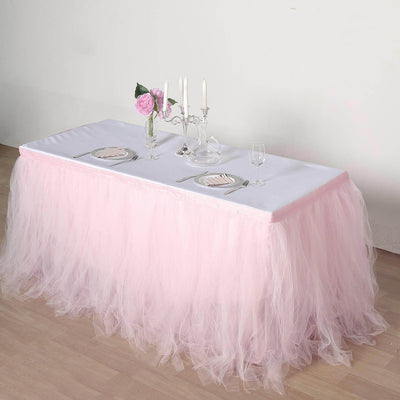 Tulle 21ft Table Skirt Blush - 4 Layer Pleated Tutu Table Cover - Linen Luxes