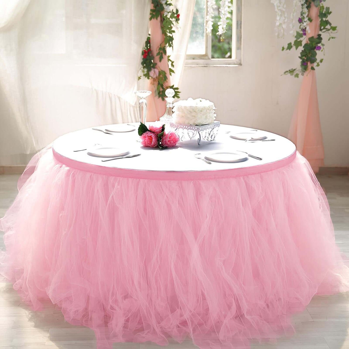 Tulle 21ft Table Skirt Pink/Rose Quartz - 4 Layer Pleated Tutu Table Cover - Linen Luxes