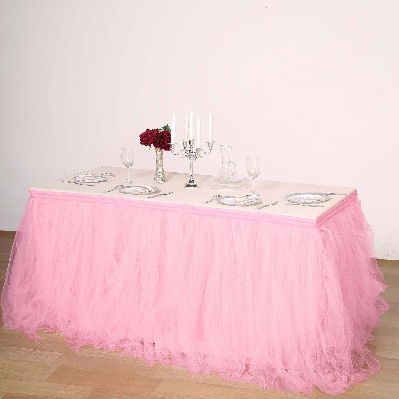 Tulle 21ft Table Skirt Pink/Rose Quartz - 4 Layer Pleated Tutu Table Cover - Linen Luxes