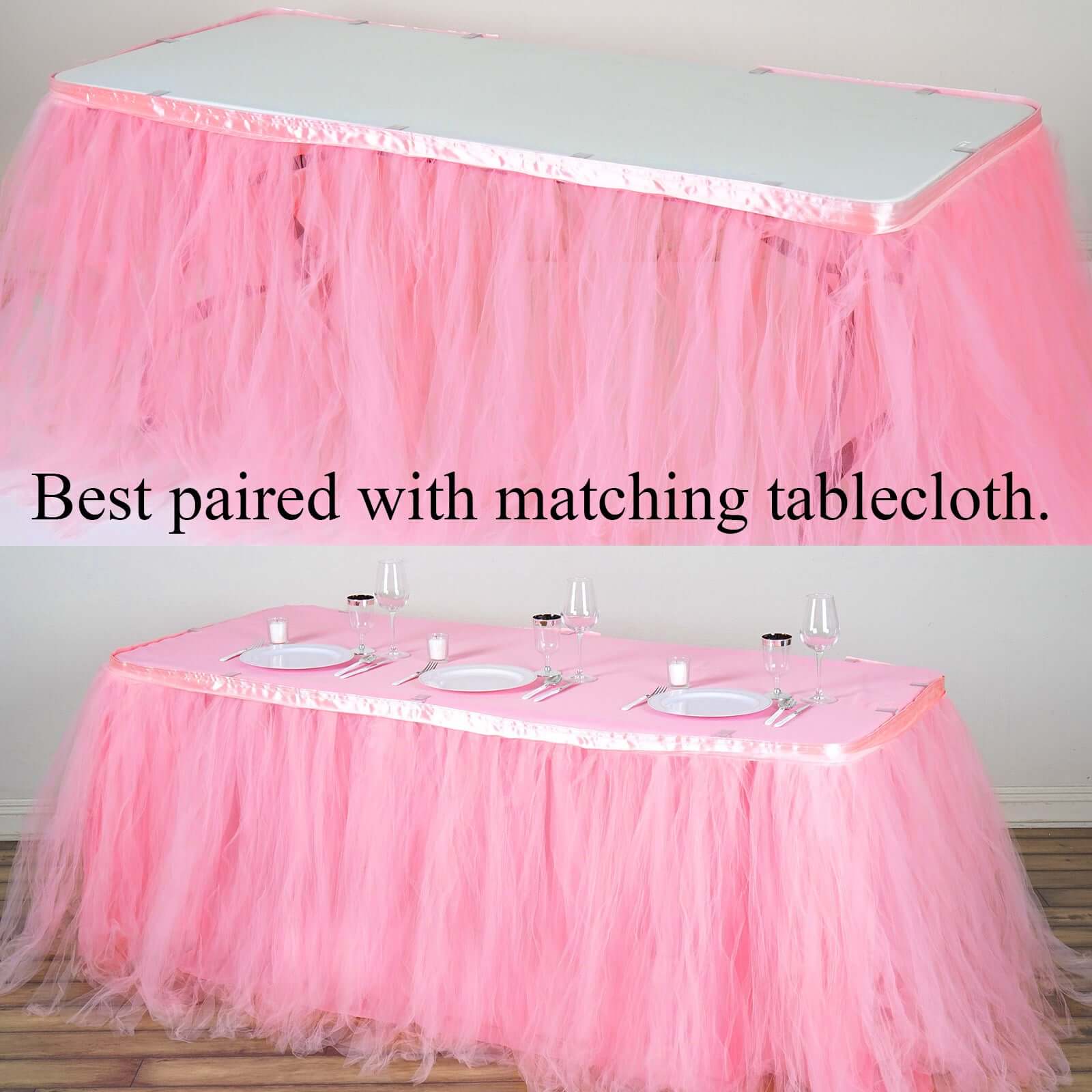 Tulle 21ft Table Skirt Pink/Rose Quartz - 4 Layer Pleated Tutu Table Cover - Linen Luxes