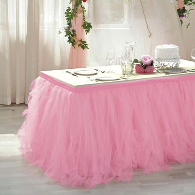 Tulle 21ft Table Skirt Pink/Rose Quartz - 4 Layer Pleated Tutu Table Cover - Linen Luxes