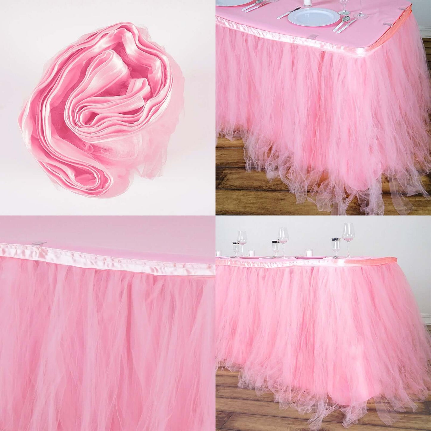 Tulle 21ft Table Skirt Pink/Rose Quartz - 4 Layer Pleated Tutu Table Cover - Linen Luxes