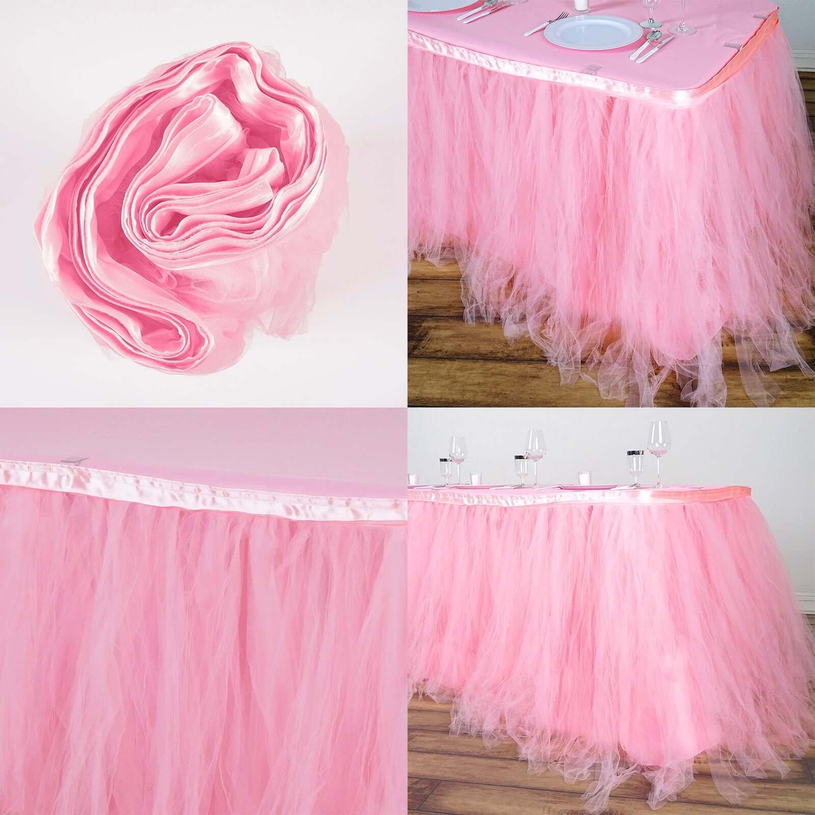 Tulle 21ft Table Skirt Pink/Rose Quartz - 4 Layer Pleated Tutu Table Cover - Linen Luxes