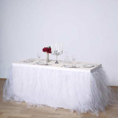 Tulle 21ft Table Skirt White - 4 Layer Pleated Tutu Chic & Soft Event Table Cover - Linen Luxes