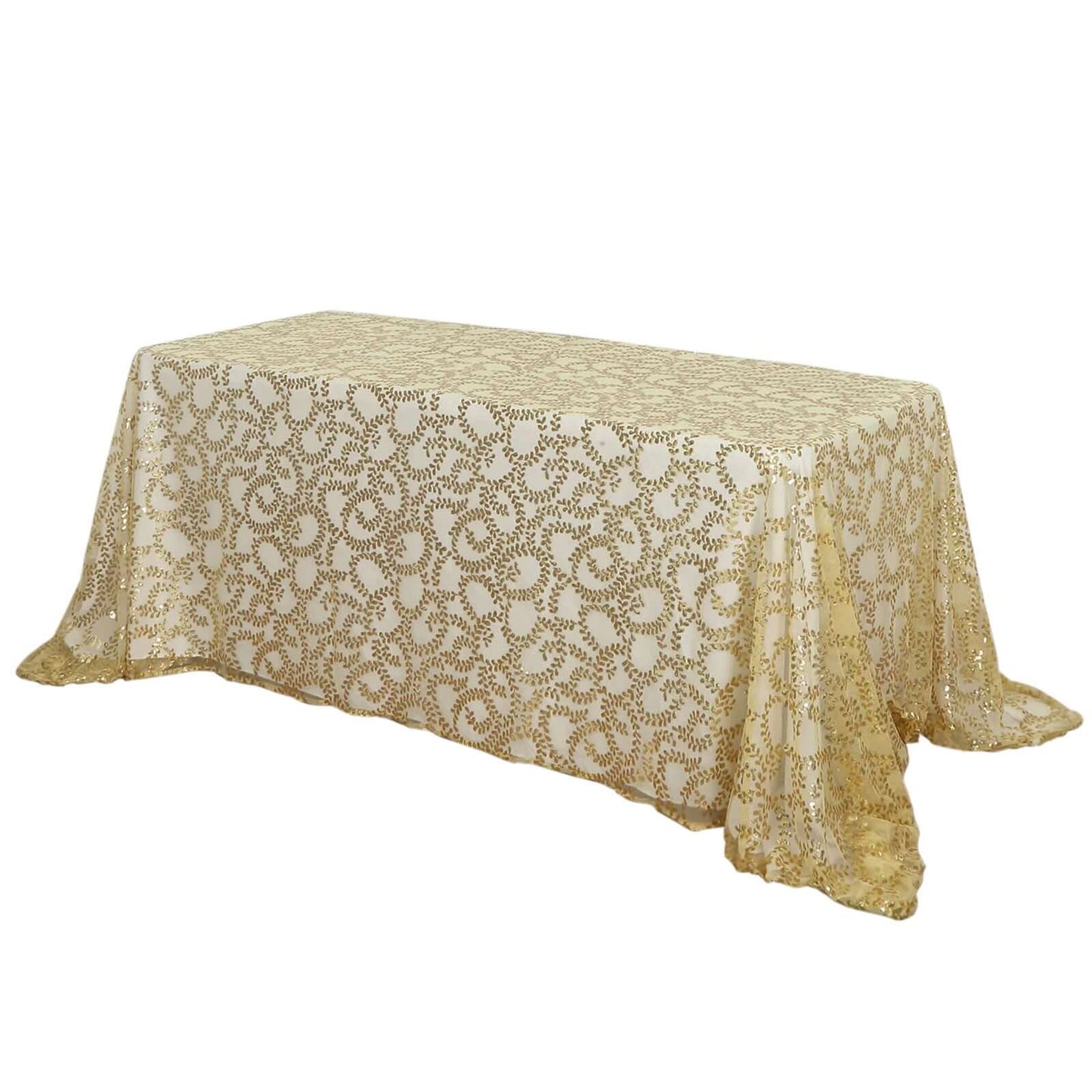 Tulle 90"x156" Rectangle Tablecloth Gold - Sequin Leaf Embroidered Design for Luxe Celebrations