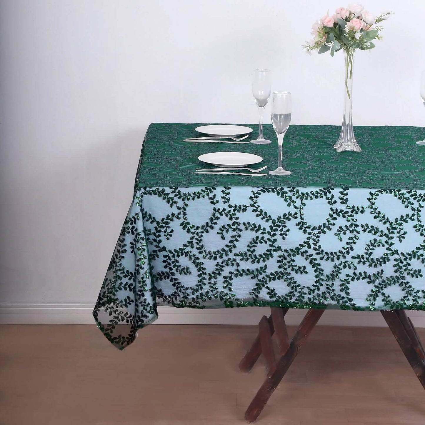 Tulle 72"x72" Table Overlay Square Tablecloth Hunter Emerald Green - Sequin Leaf Embroidered Table Topper