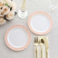 10-Pack Plastic Round Dessert Plates 7" White with Blush Rose Gold Spiral Rim - Chic Disposable Salad Plates for Events & Banquets