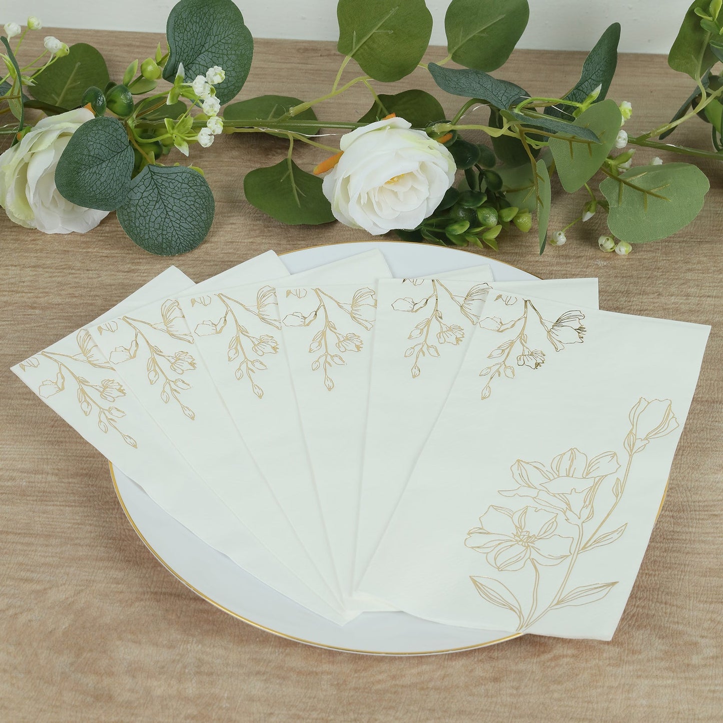 50 Pack White 2-Ply Paper Party Napkins with Gold Lilly Flowers Print, Highly Absorbent Soft Disposable Dinner Napkins
