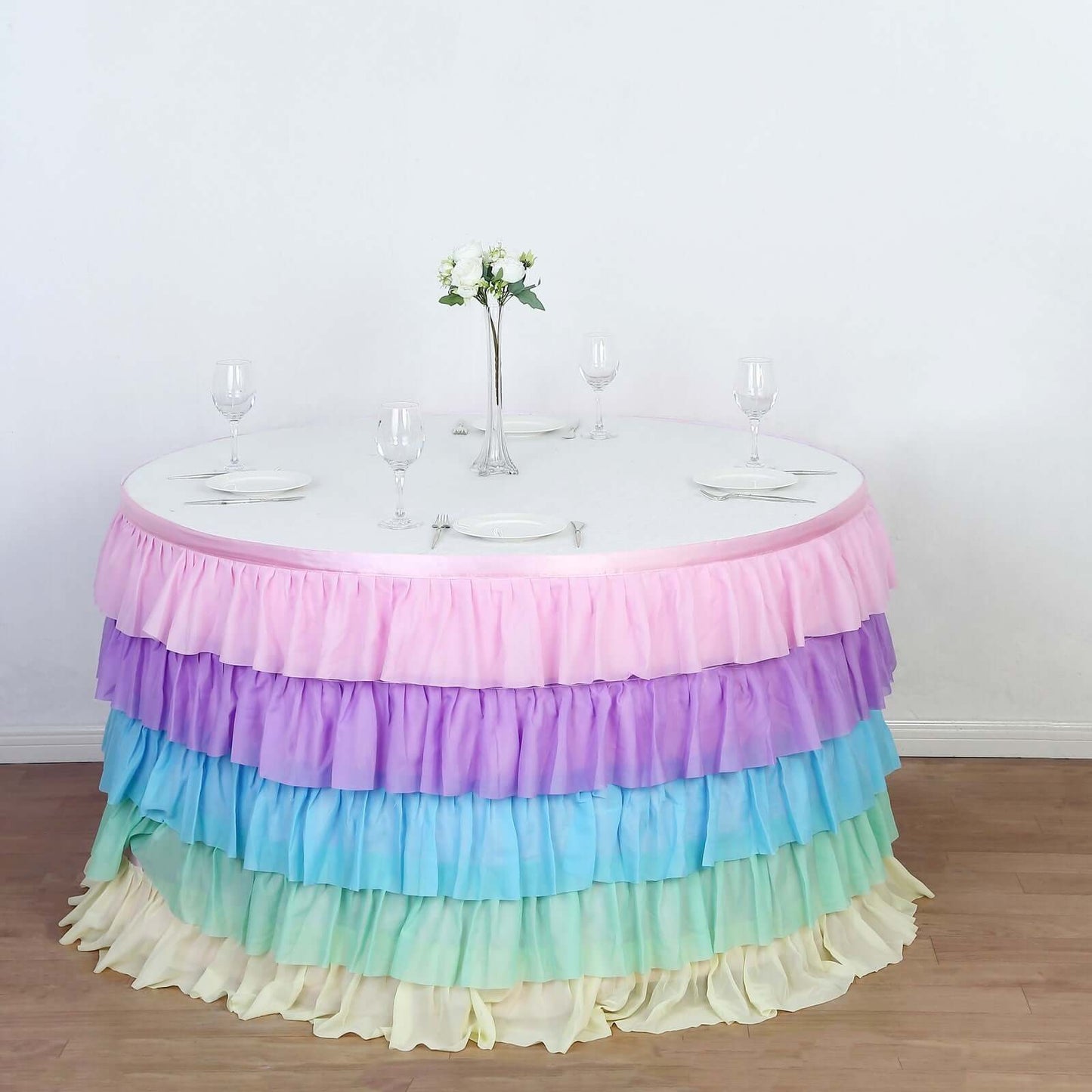 Chiffon 14ft Table Skirt Gradient Unicorn - 5-Tier Ombre Ruffled Tutu Table Cover with Satin Backing for Enchanting Events