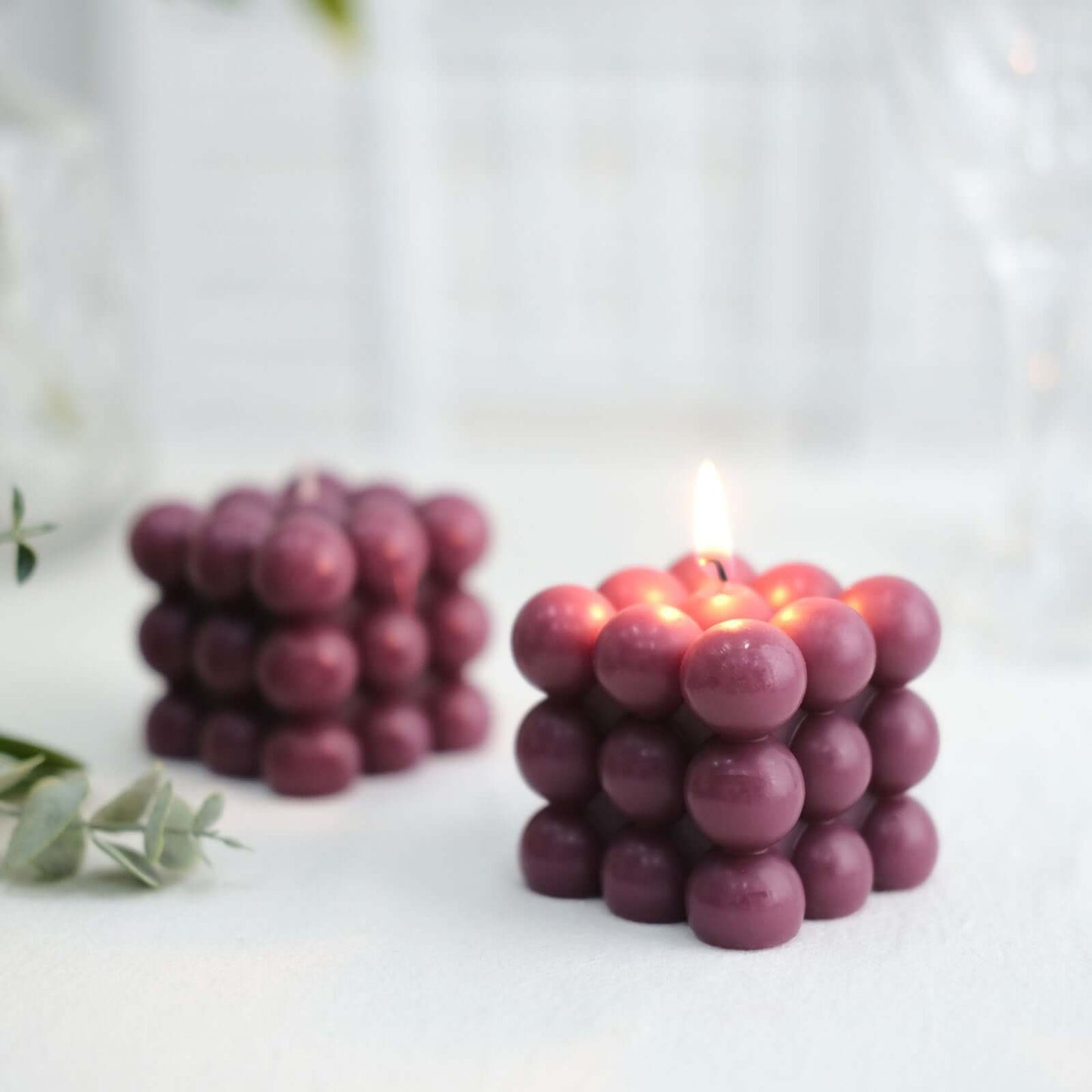 2-Pack Decorative Paraffin Wax Candles Bubble Cube Design Burgundy - Unscented Long Burning Pillar Candle Set 2"