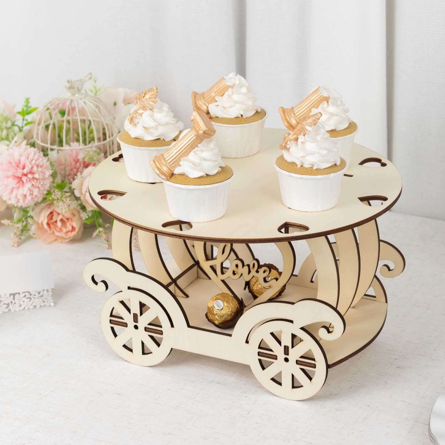 Wooden Wedding Cake Stand Carriage Shape Natural with Laser Cut Design - Round Cupcake Holder Display Plate 12"