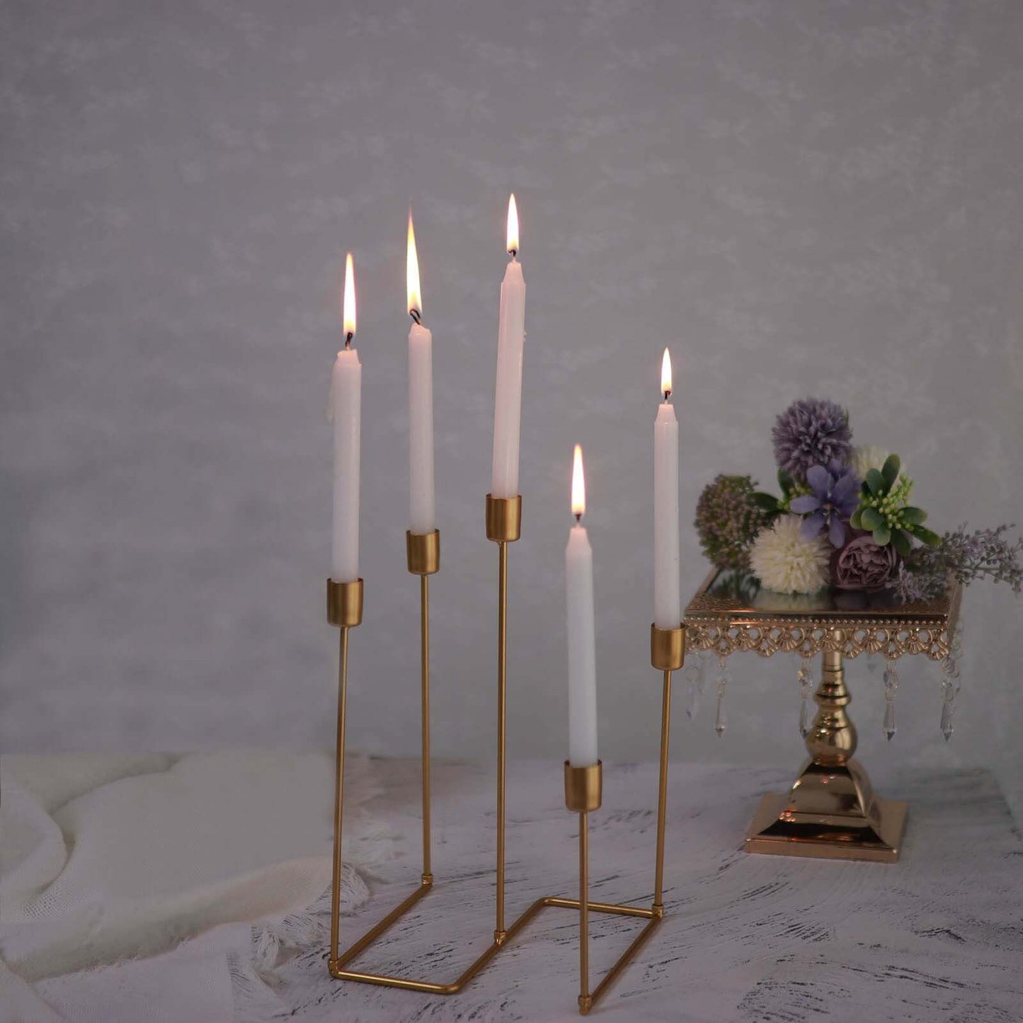 Taper Candle Holder Gold Metal 5-Arm Geometric Candelabra Design - Decorative Piece for Banquets and Celebrations 12"