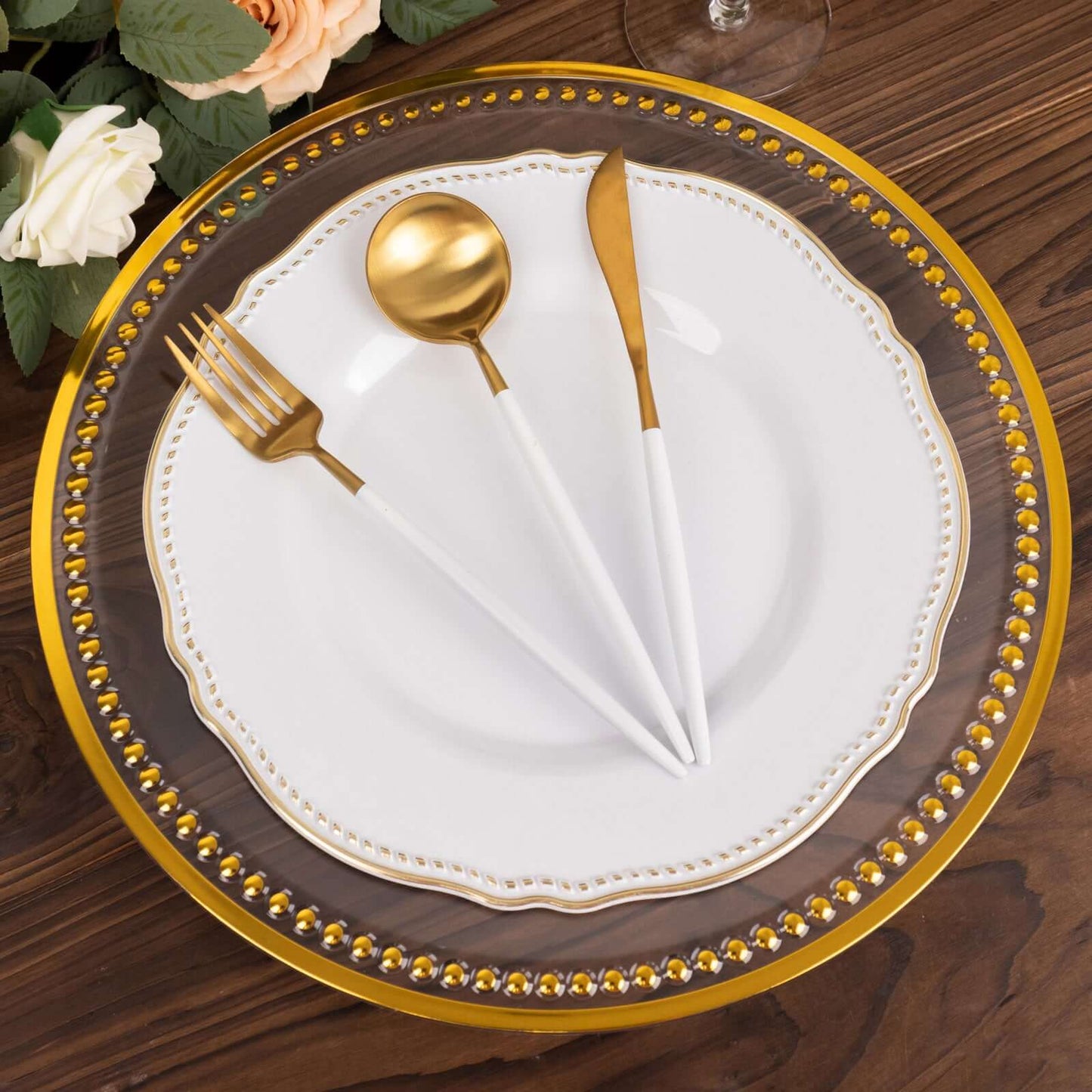 6-Pack Acrylic Round Charger Plates 13" in Clear with Gold Beaded Rim, Dinner Charger Event Tabletop Decor