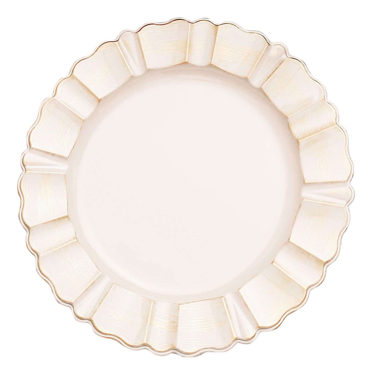 6-Pack Acrylic Plastic Round Charger Plates 13" in Beige with Gold Brushed Wavy Scalloped Rim, Decorative Dinner Party Charger Tableware
