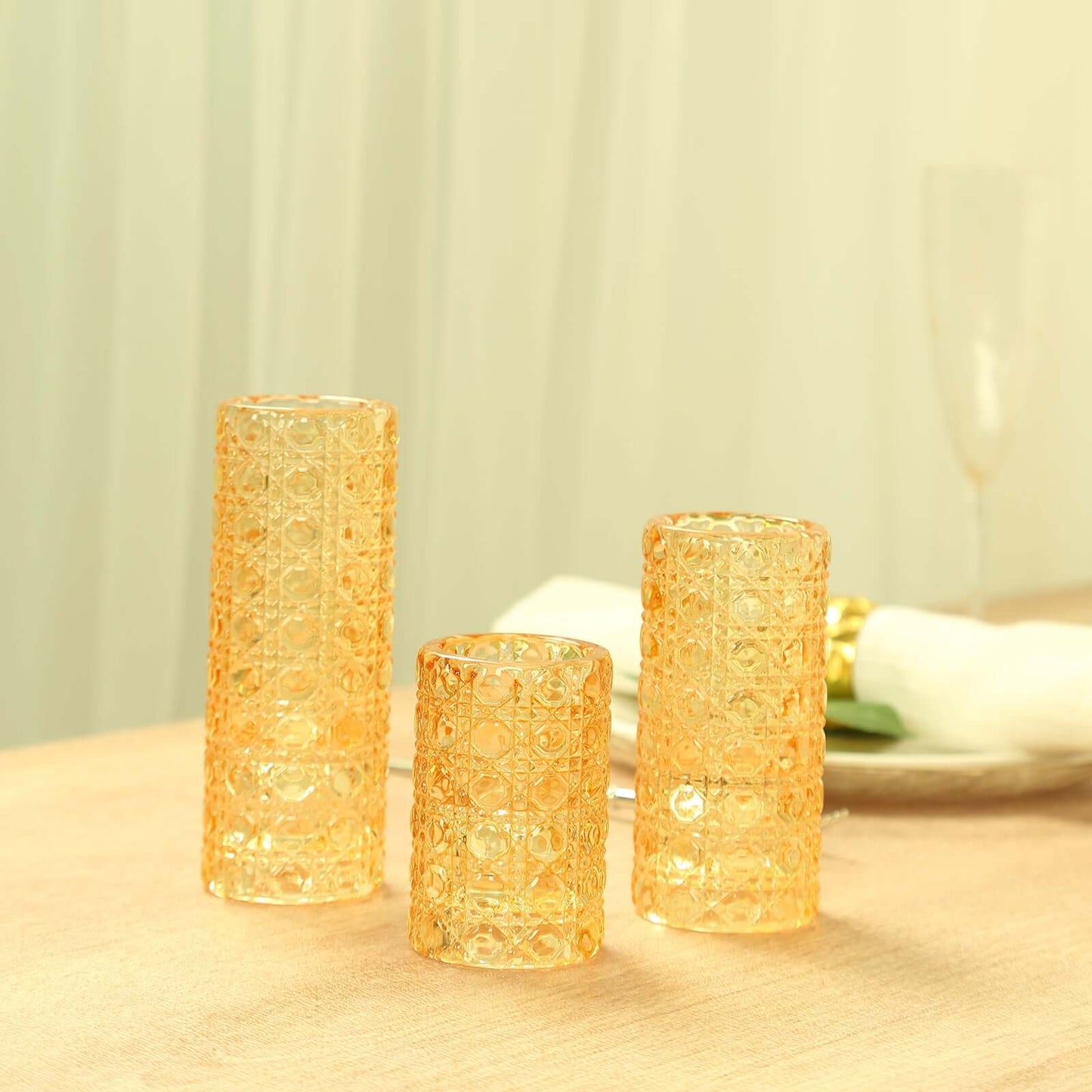 Set of 3 Glass Taper Candle Holders Amber Gold with Gemstone Pattern - Dual Sided Crystal Cylinder Tealight Stands 3", 4", 5.5"