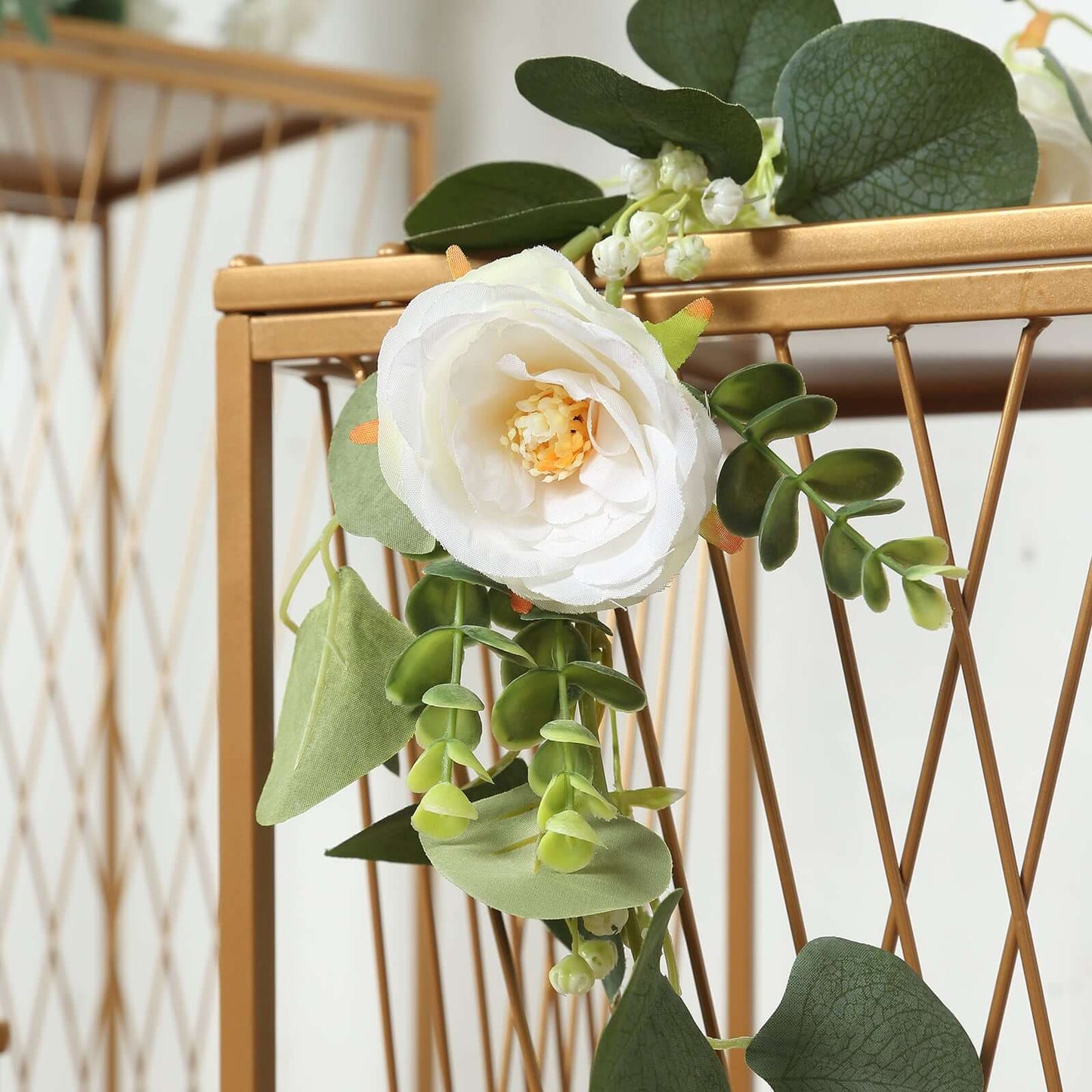 Set of 3 Gold Metal Rectangular Plant Stands with Geometric Crossed Lines Pattern, Nesting Cake Dessert Tables Floral Display Stands - 19",27",35"