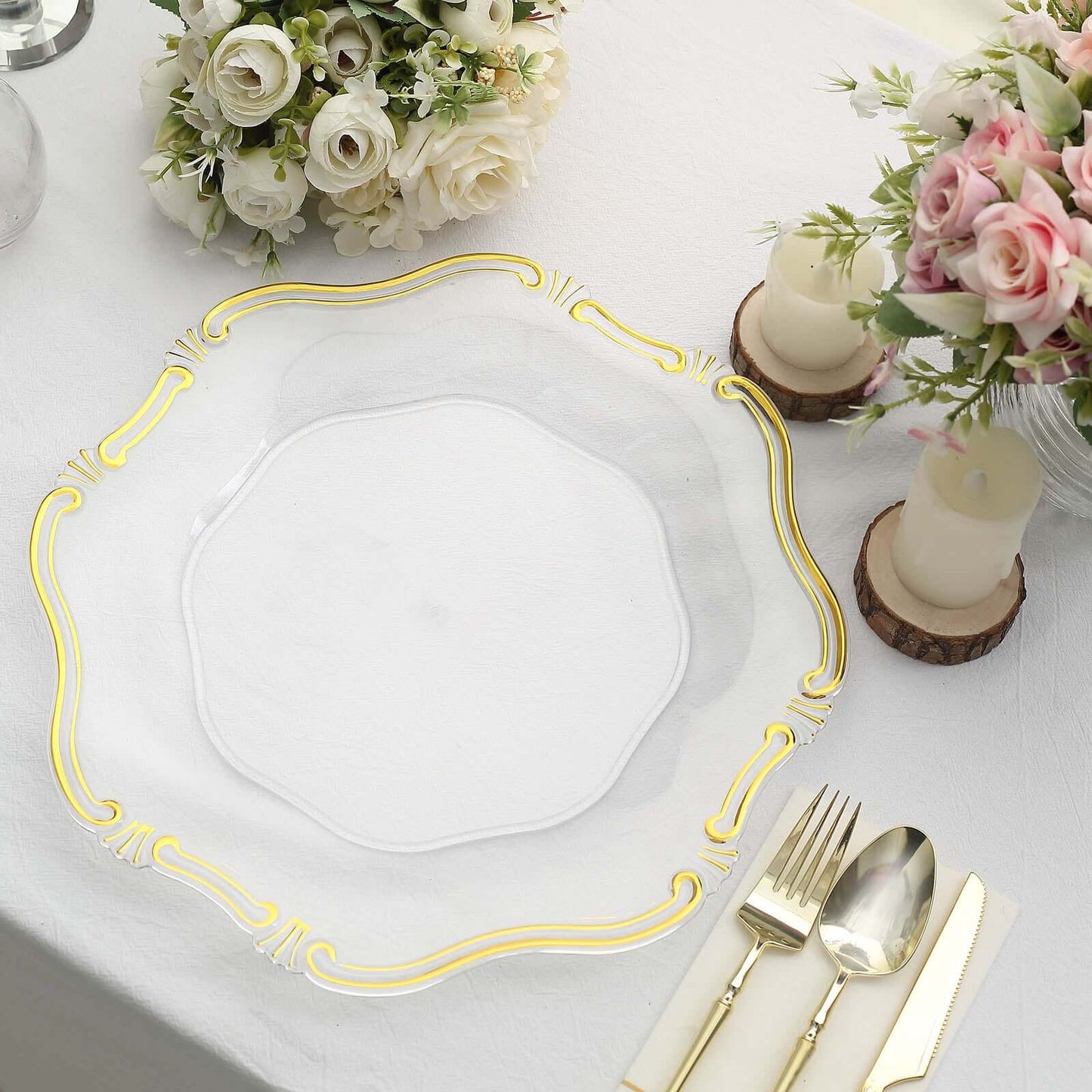 6-Pack Acrylic Plastic Hexagon Charger Plates 13" in Clear with Gold Baroque Scalloped Rim, Exquisite Dinner Serving Plates