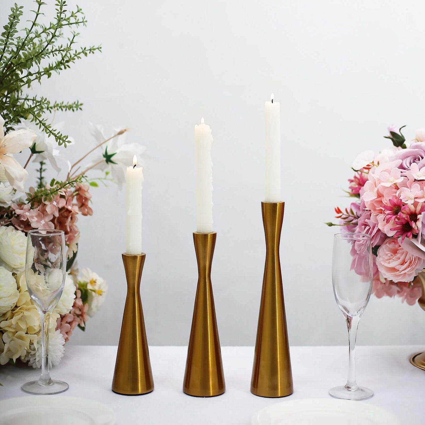Set of 3 Hourglass Taper Candle Holders Gold Metal Nordic European Design - Tabletop Decor 8", 9", 11"