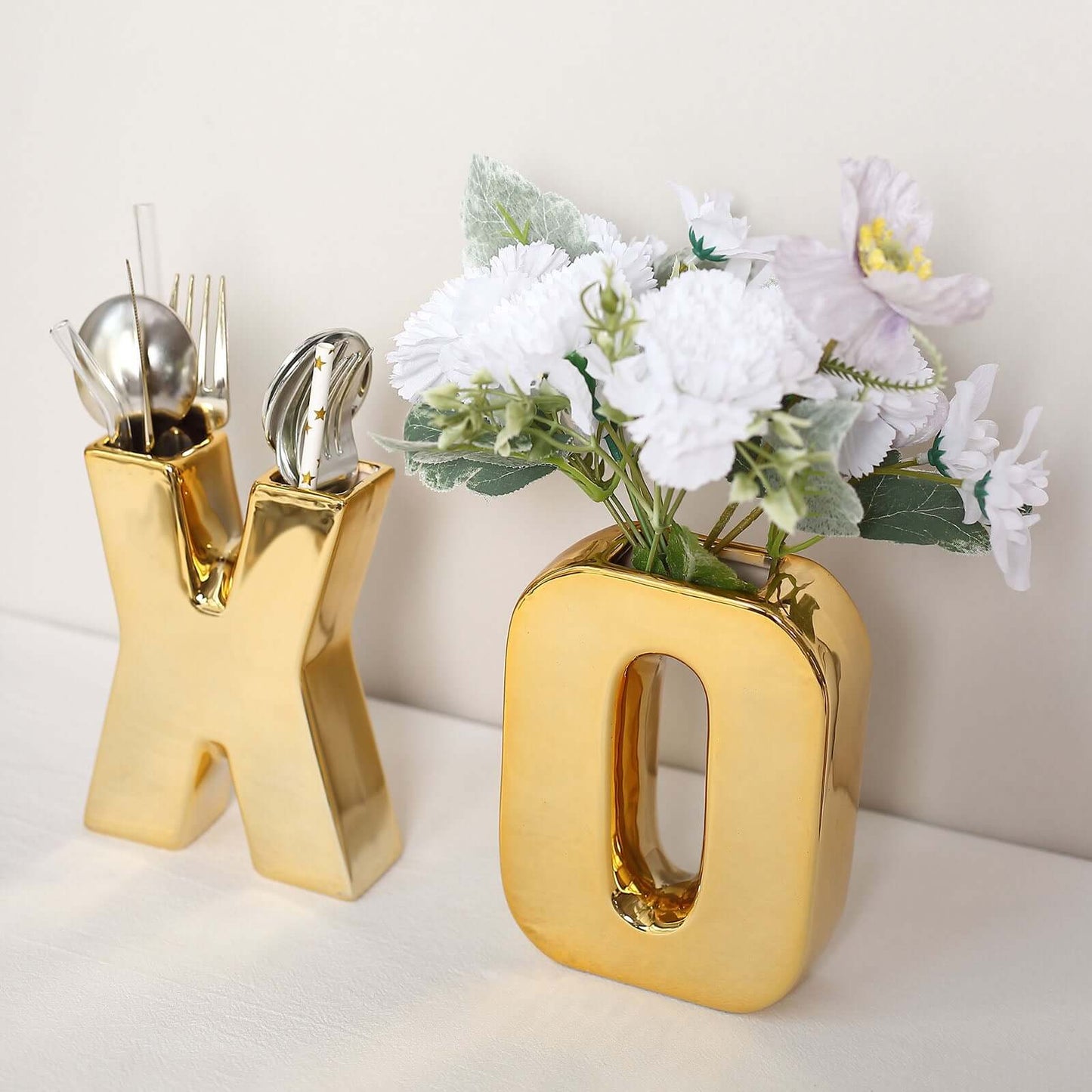 Shiny Ceramic Vase Letter "L" Gold Plated - Chic Bud Planter Pot for Events & Decor 6"