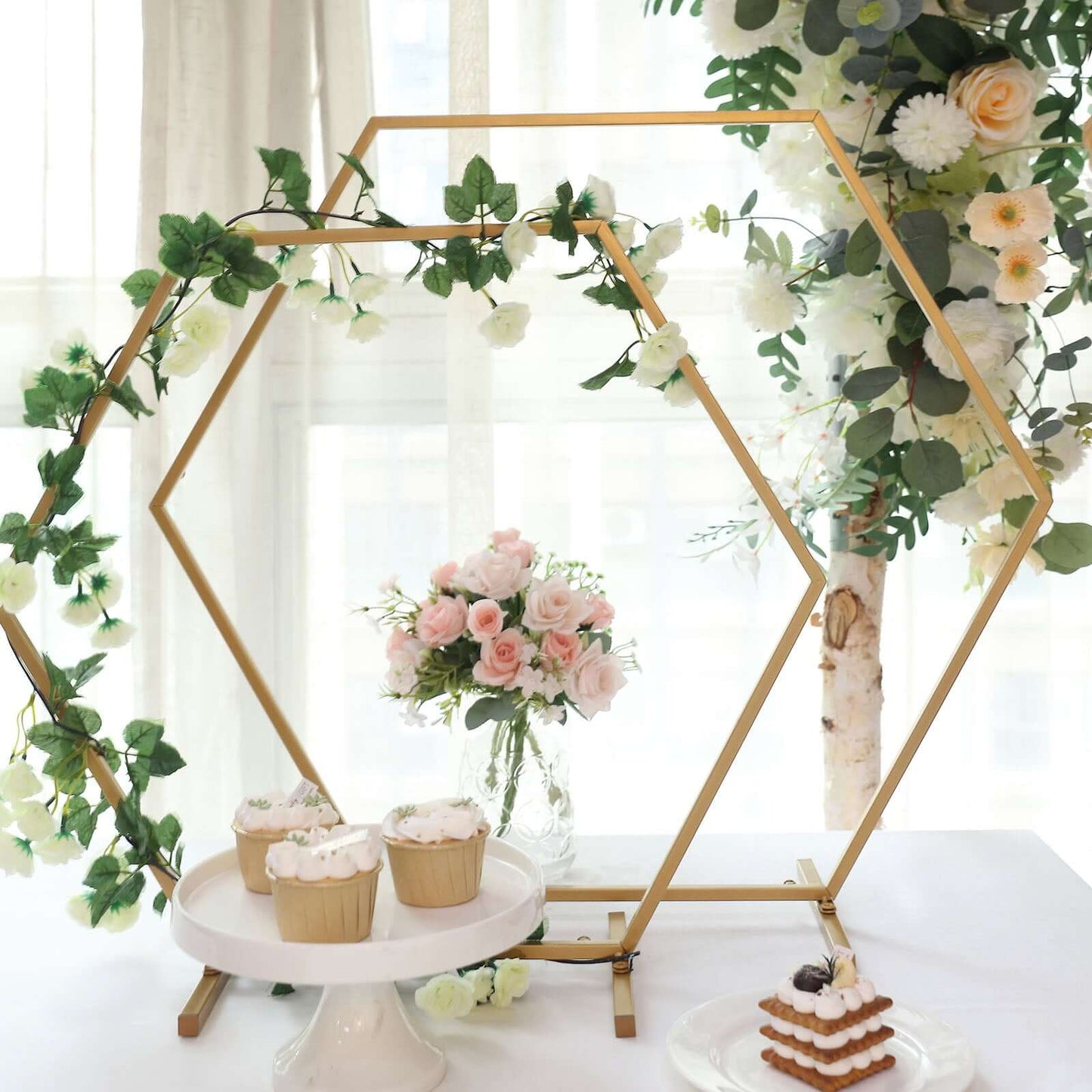 Hexagon Wedding Arch Table Centerpiece Metal Gold - Self-Standing Geometric Flower Balloon Stand 24"