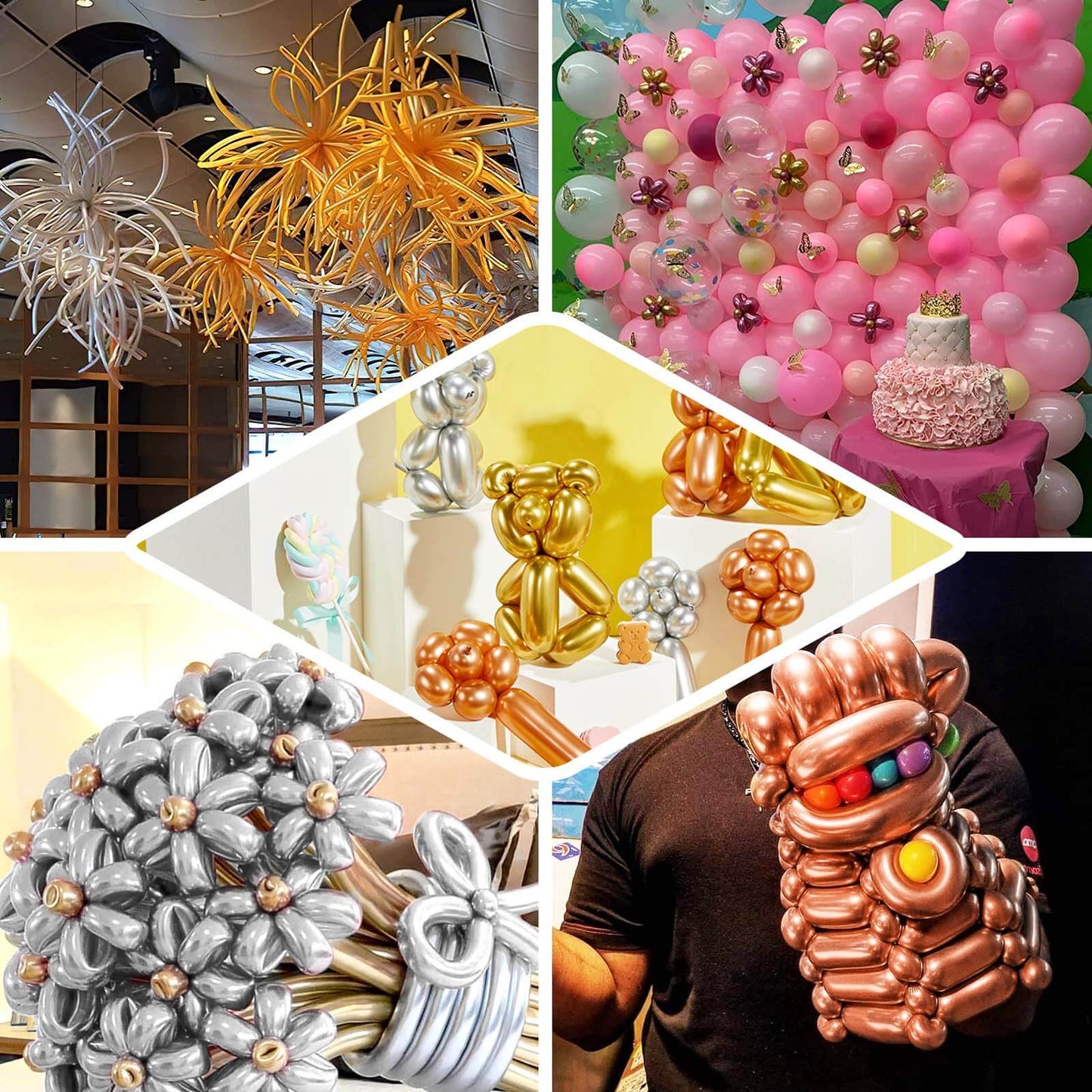 50 Pack Assorted Metallic Gold Long Latex Balloons For Twisting Magic, Animal Modelling Party Balloons