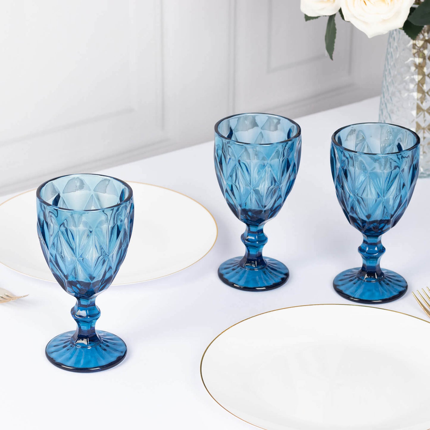 6-Pack Wine Glasses Ocean Blue Embossed Crystal Cut Design Stemmed - Colored Goblets for Parties & Events 12oz 7"