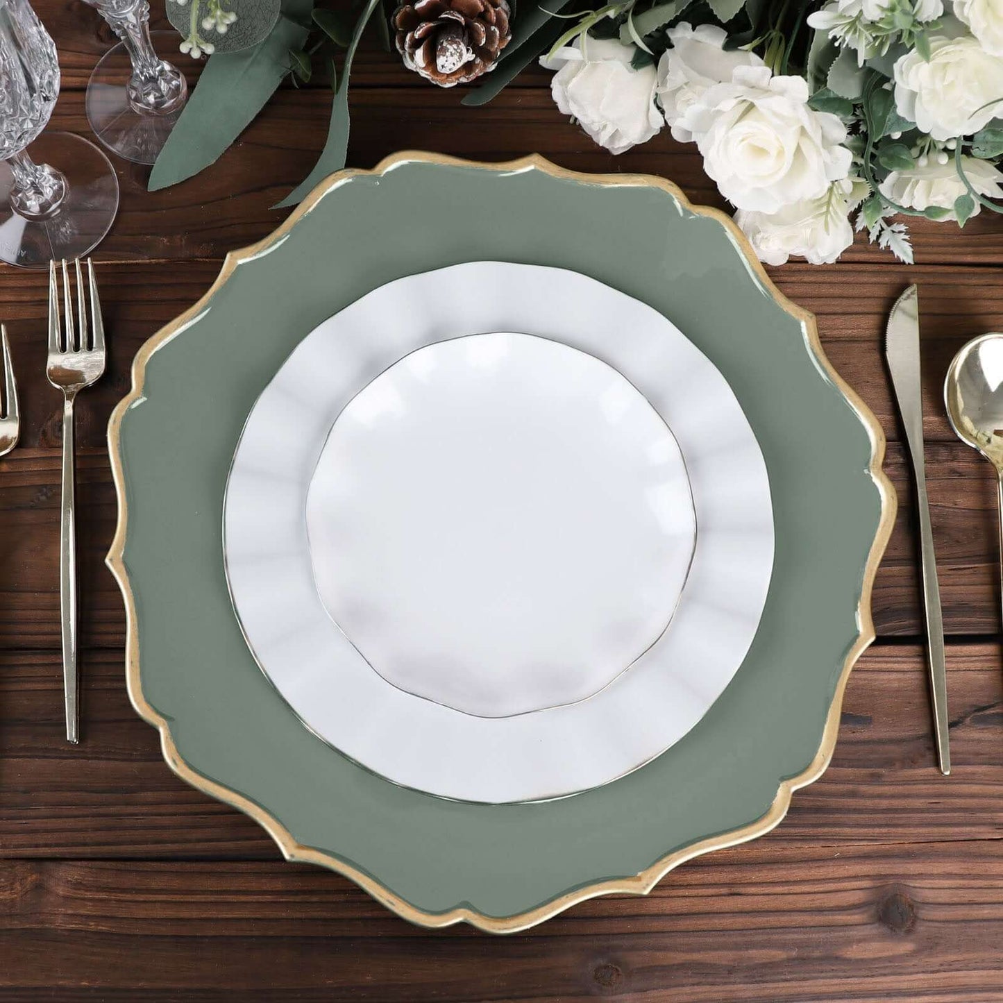 6-Pack Acrylic Round Charger Plates 13" in Olive Green with Gold Scalloped Rim, Decorative Dinner Party Plastic Charger Tableware